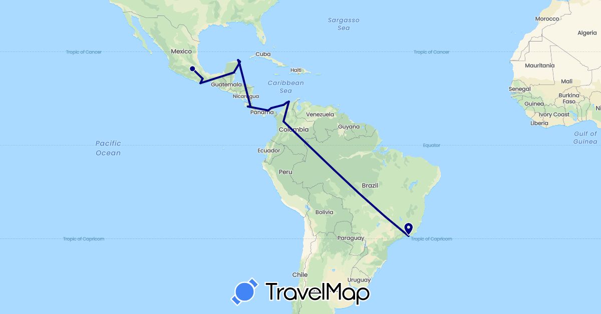 TravelMap itinerary: driving in Brazil, Colombia, Costa Rica, Mexico, Panama (North America, South America)